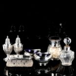 Various silver, including Mappin & Webb tortoiseshell pique inlaid glass jar, a pair of salts, and 1