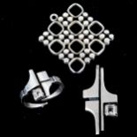 3 x Vintage Finnish stylised silver pieces of jewellery, comprising 2 x pendants and ring, makers