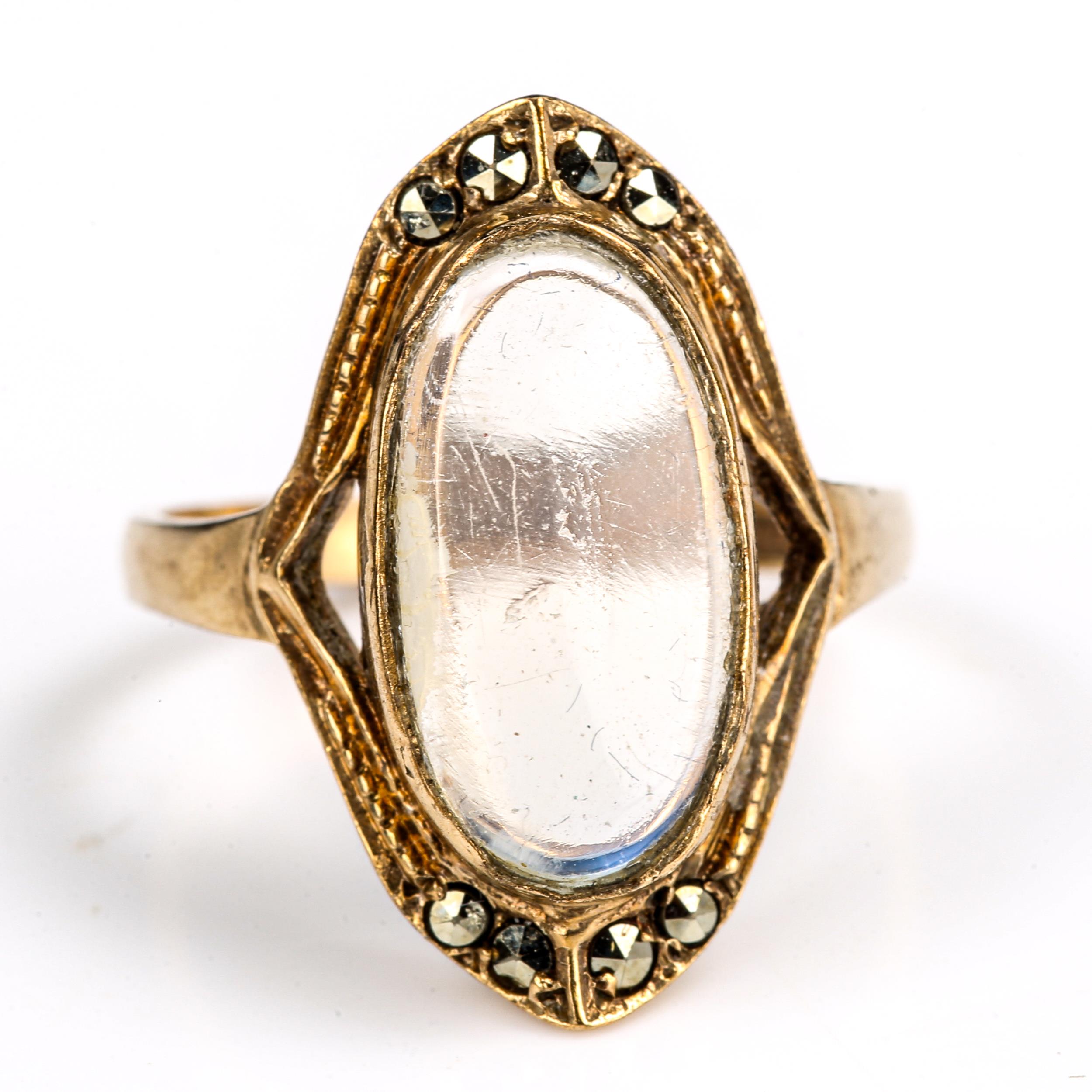 A Continental 9ct gold blue moonstone and marcasite dress ring, set with oval cabochon moonstone, - Image 2 of 4