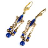 A pair of West German gilt-metal blue enamel and bead drop earrings, earring height 55.2mm, 4.2g