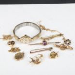 Various gold jewellery, including amethyst and peridot brooches, lady's 9ct gold-cased wristwatch