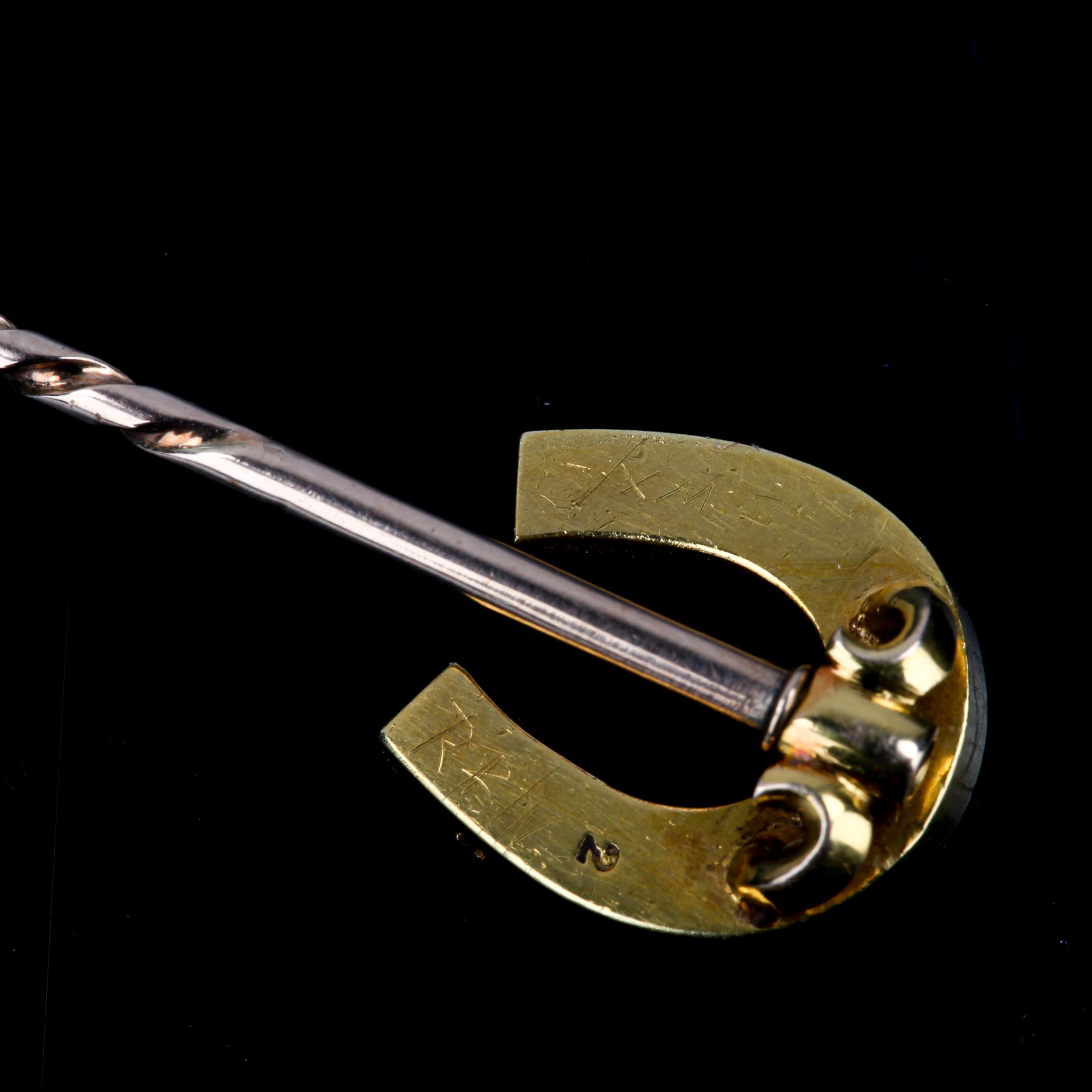 A Victorian pearl horseshoe stickpin, unmarked gold settings, overall length 69.3mm, 3.9g No - Image 3 of 4