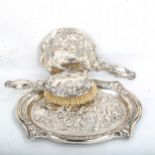 3 x Art Nouveau silver dressing table items, comprising tray, hand mirror and hair brush, relief
