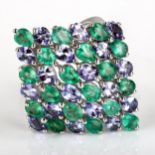 A large modern sterling silver tanzanite and emerald marquise cluster ring, set with pear-cut