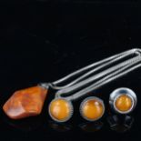 Various Vintage Danish stylised silver and amber jewellery, comprising pendant necklace, ring and