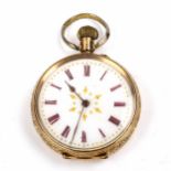 A Swiss 14ct open-face keyless-wind fob watch, white enamel dial with red Roman numeral hour markers