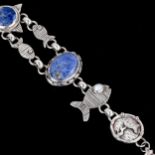 A modern handmade silver blue stone and pearl fish bracelet, maker's marks DG, hallmarks London