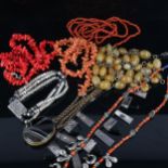 Various jewellery, including coral necklaces, banded agate locket pendant etc Lot sold as seen