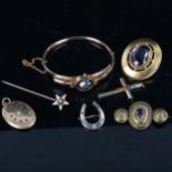 Various jewellery, including gold plated Pietra Dura hinged bangle, amethyst brooch, turquoise