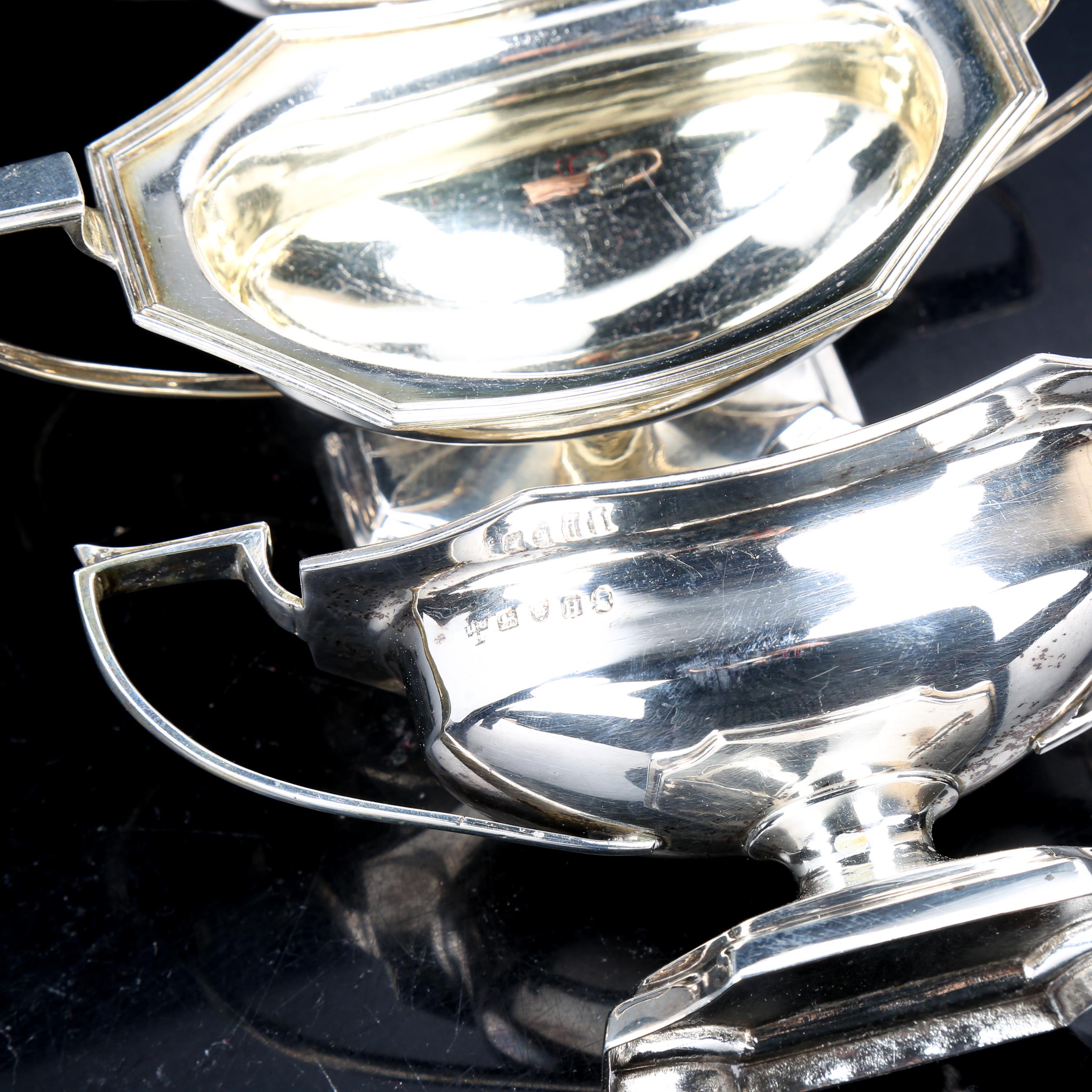 A set of 4 George III silver two-handled salt cellars, octagonal form with pedestal bases, reeded - Image 3 of 4