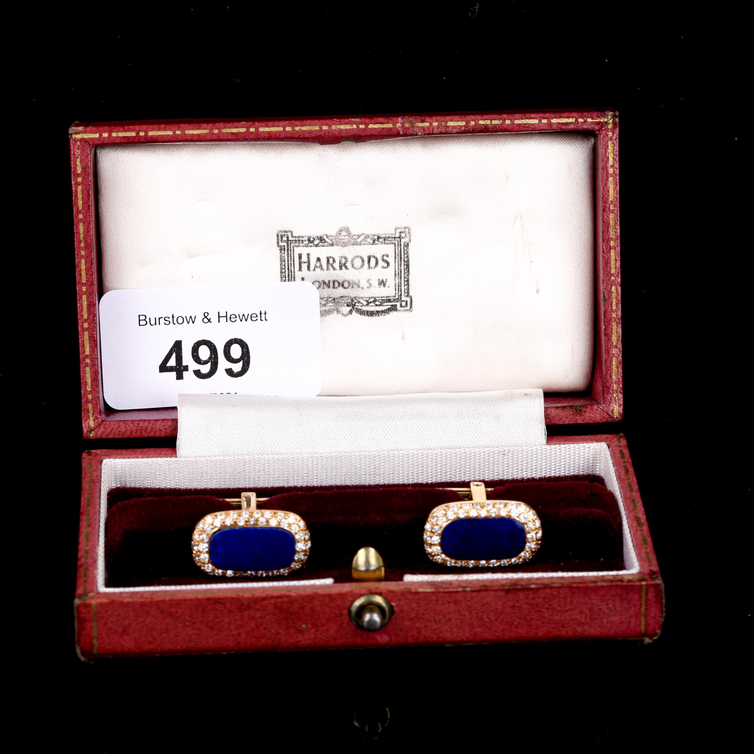 A pair of 18ct gold lapis lazuli and diamond cluster cufflinks, panel length 19.4mm, 11.7g Some glue - Image 4 of 4