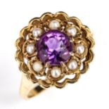 A late 20th century 9ct gold amethyst and split pearl cluster ring, set with round cut amethyst with