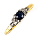 An Art Deco 18ct gold sapphire and diamond dress ring, platinum-top settings with round-cut sapphire