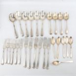 Various silver Old English pattern cutlery, including dinner forks, dessert forks, tablespoons and