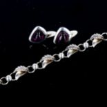 A Vintage Danish silver leaf pattern necklace, length 43cm, and a pair of silver amethyst cufflinks,