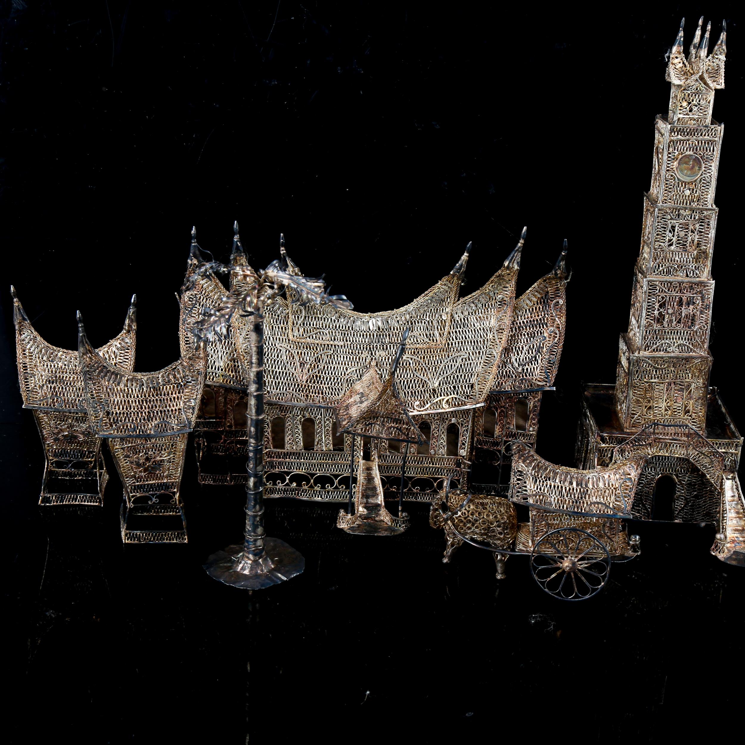 A Chinese unmarked silver filigree model Buddhist temple village, including clock tower, largest - Image 3 of 4