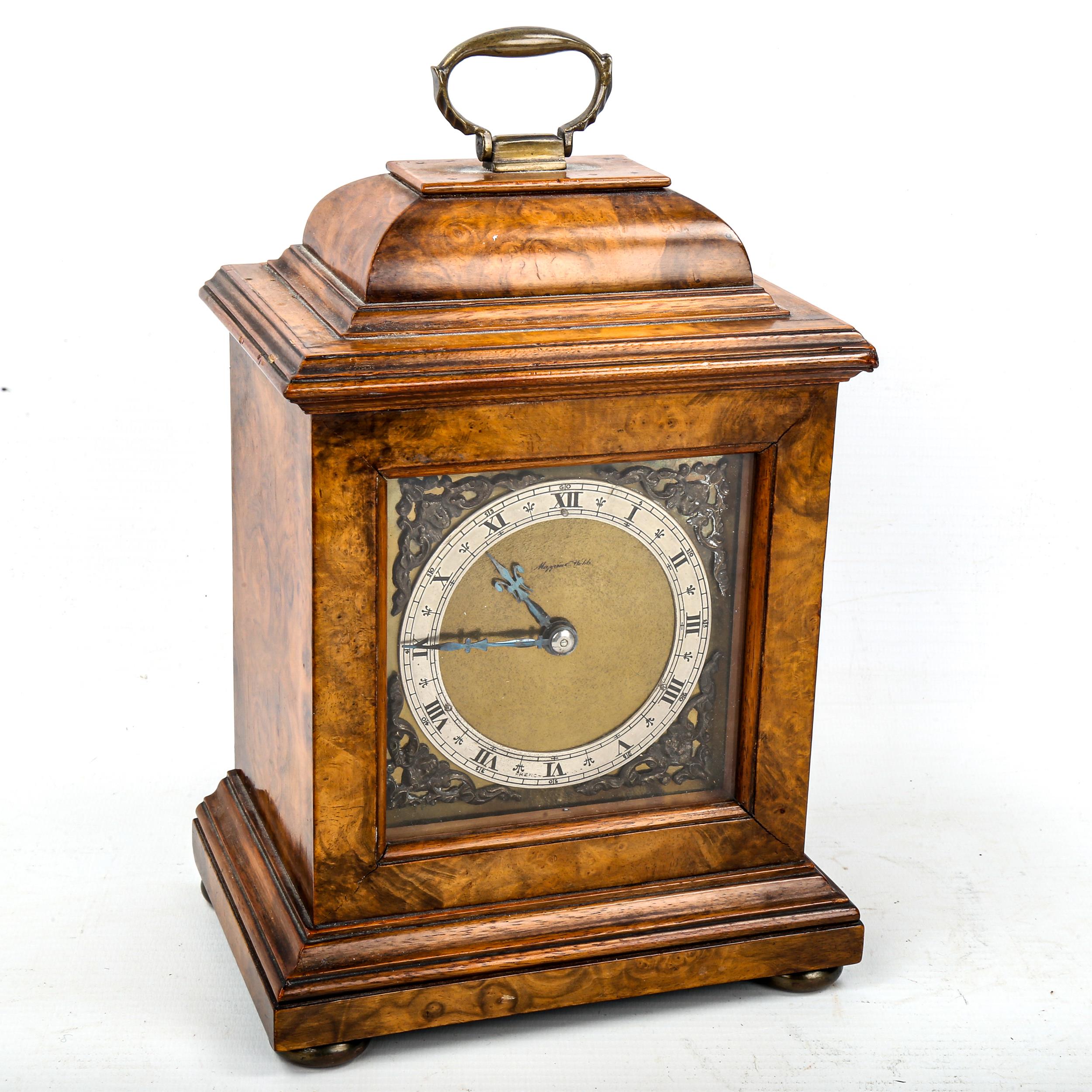 An early/mid-20th century Mappin & Webb burr-walnut bracket clock, brass dial with Roman numeral