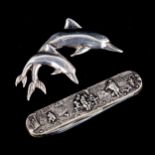 A Danish sterling silver pen knife, and a Vintage silver dolphin brooch, brooch length 62.4mm (2) No