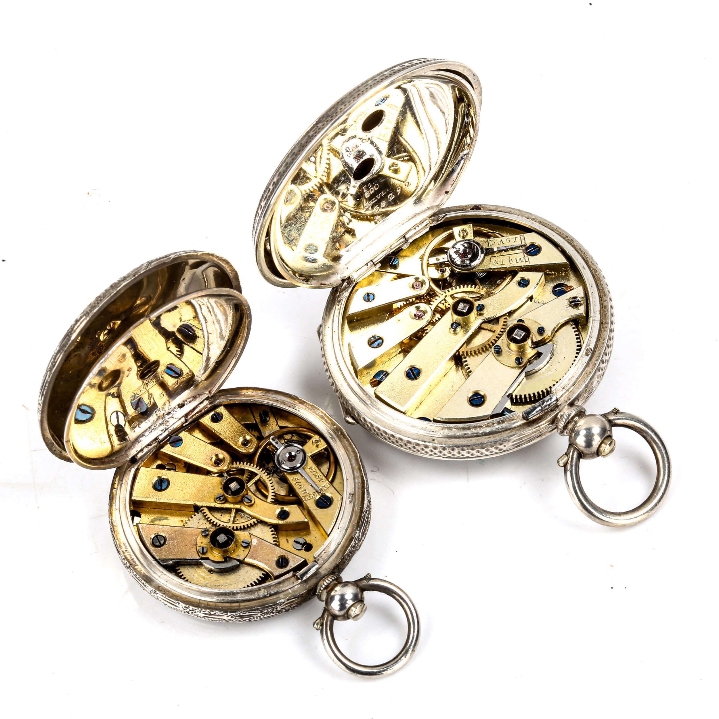 2 Swiss silver-cased open-face keywind fob watches, floral gilded dials with engraved cases, largest - Image 3 of 5