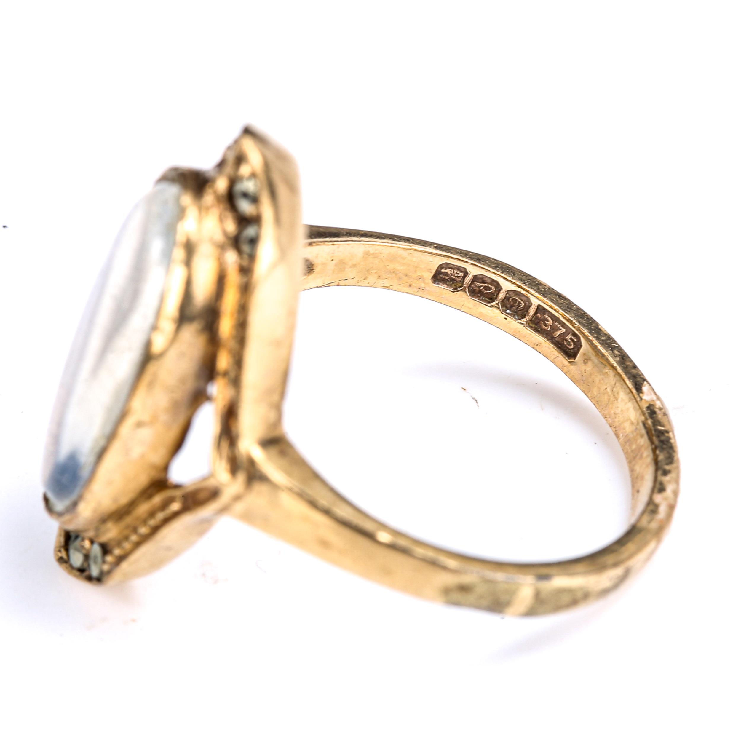 A Continental 9ct gold blue moonstone and marcasite dress ring, set with oval cabochon moonstone, - Image 3 of 4