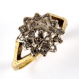 A late 20th century 18ct gold diamond cluster ring, setting height 12.6mm, size O, 5.2g No damage or