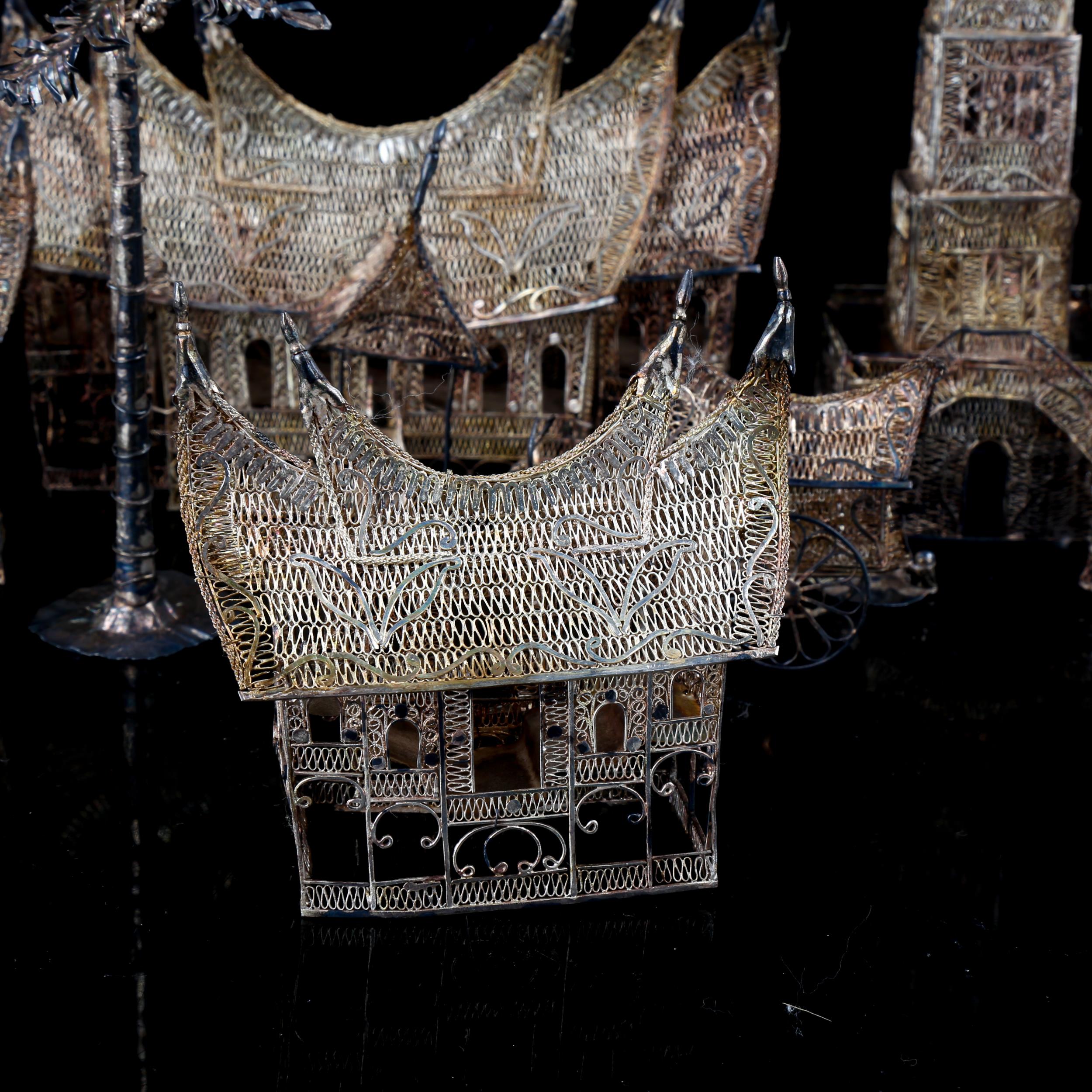 A Chinese unmarked silver filigree model Buddhist temple village, including clock tower, largest - Image 4 of 4