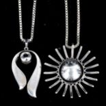 2 x Vintage Danish stylised silver pendant necklaces, on silver box link chain, largest pendant