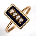 An Edwardian pearl and enamel panel ring, unmarked gold settings, rectangular form with blue and