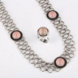 A Scandinavian stylised silver and pink moonstone necklace and similar ring, necklace length 44cm,