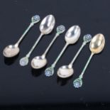 A set of 6 Art Nouveau George V silver and enamel floral coffee spoons, by Mappin & Webb Ltd,
