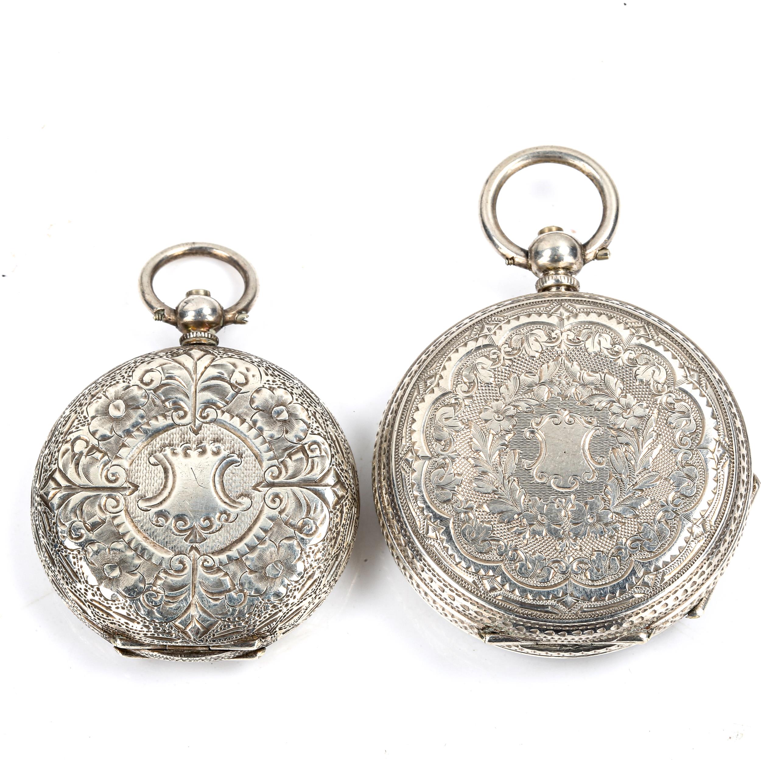 2 Swiss silver-cased open-face keywind fob watches, floral gilded dials with engraved cases, largest - Image 2 of 5