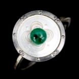 An Art Deco emerald and mother-of-pearl panel dress ring, unmarked gold settings with bead emerald