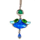 An Arts and Crafts Edwardian silver and peacock enamel pendant necklace, on unmarked white metal