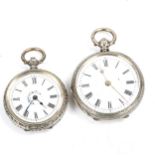 2 Swiss silver-caed open-face keywind fob watches, white enamel dials with Roman numerals and