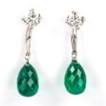 A fine pair of emerald and diamond drop earrings, unmarked white metal settings, with briolette-