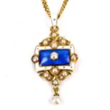 An Edwardian 15ct gold enamel and pearl pendant necklace, on 15ct fine flat curb link chain, maker's