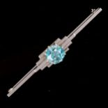 An Art Deco 9ct white gold blue zircon bar brooch, zircon measures 8.38mm x 5.73mm, brooch length