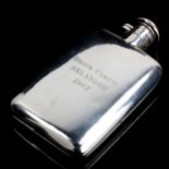 An early 20th century Chinese export curved silver hip flask, with bayonet cap and inscription for