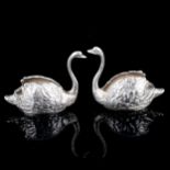 A pair of heavy gauge Elizabeth II cast-silver figural swan salts, by J B Chatterley & Sons Ltd,