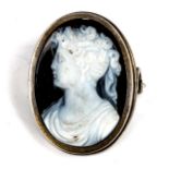 A Victorian relief carved hardstone cameo brooch, depicting female profile, in unmarked silver