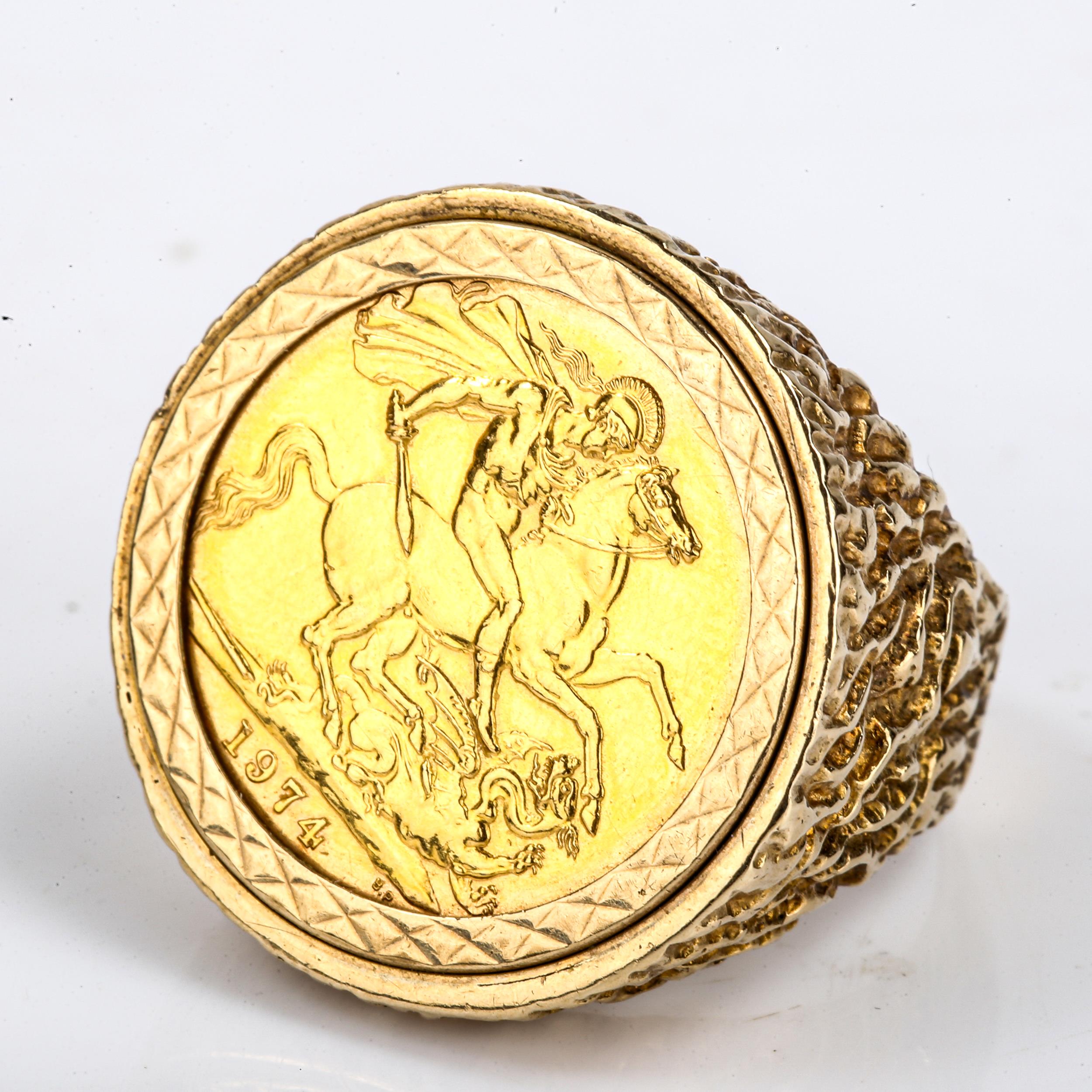 An Elizabeth II 1974 gold full sovereign coin, in heavy 9ct gold textured ring mount, setting height - Image 3 of 4