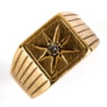 A late 20th century 9ct gold solitaire diamond signet ring, modern round brilliant-cut diamond