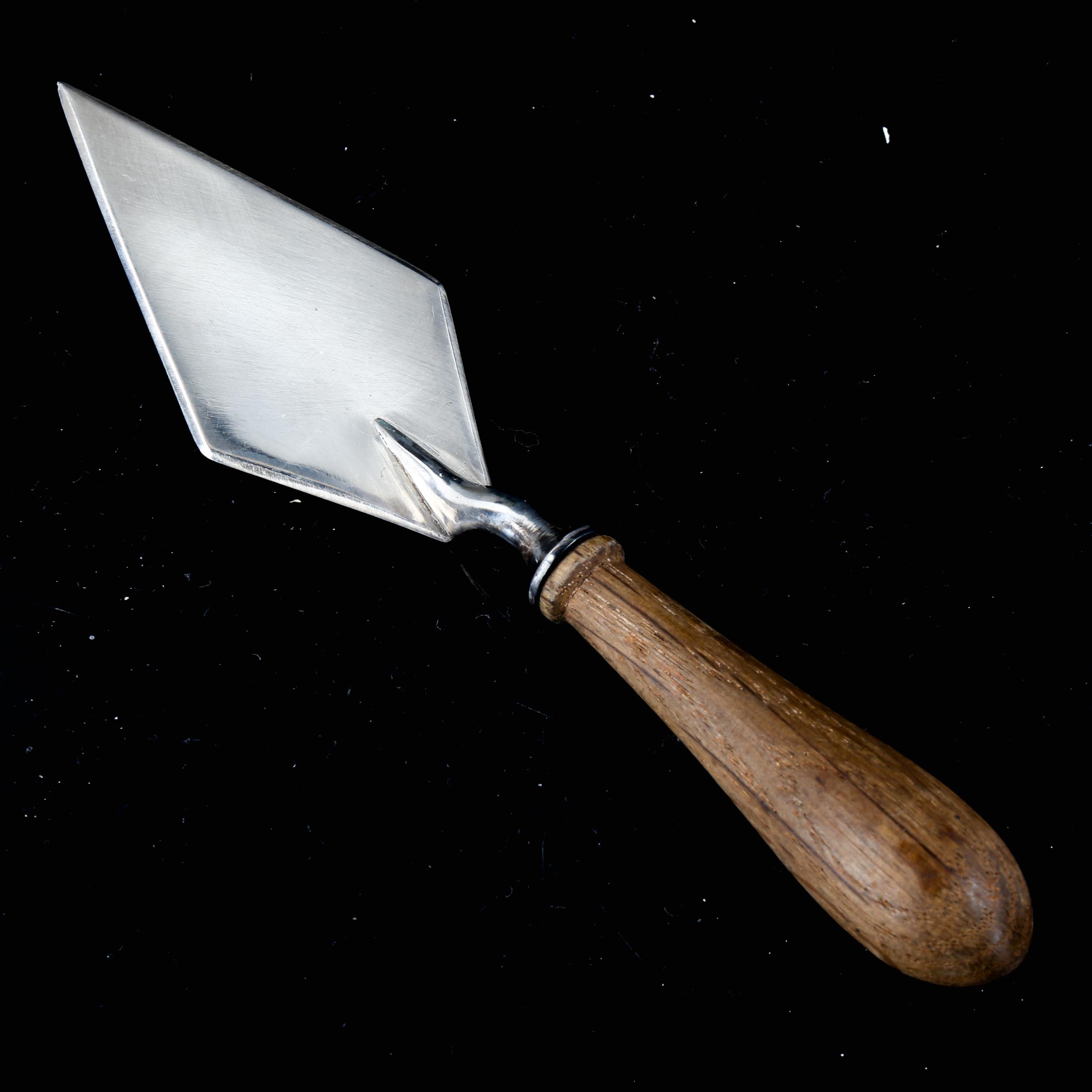 A small novelty silver plated gardening trowel, with turned wood handle, maker's marks J S and S,