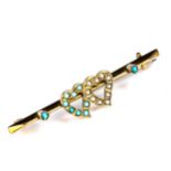 An Edwardian 9ct gold turquoise and pearl double-heart bar brooch, brooch length 43.6mm, 1.6g No