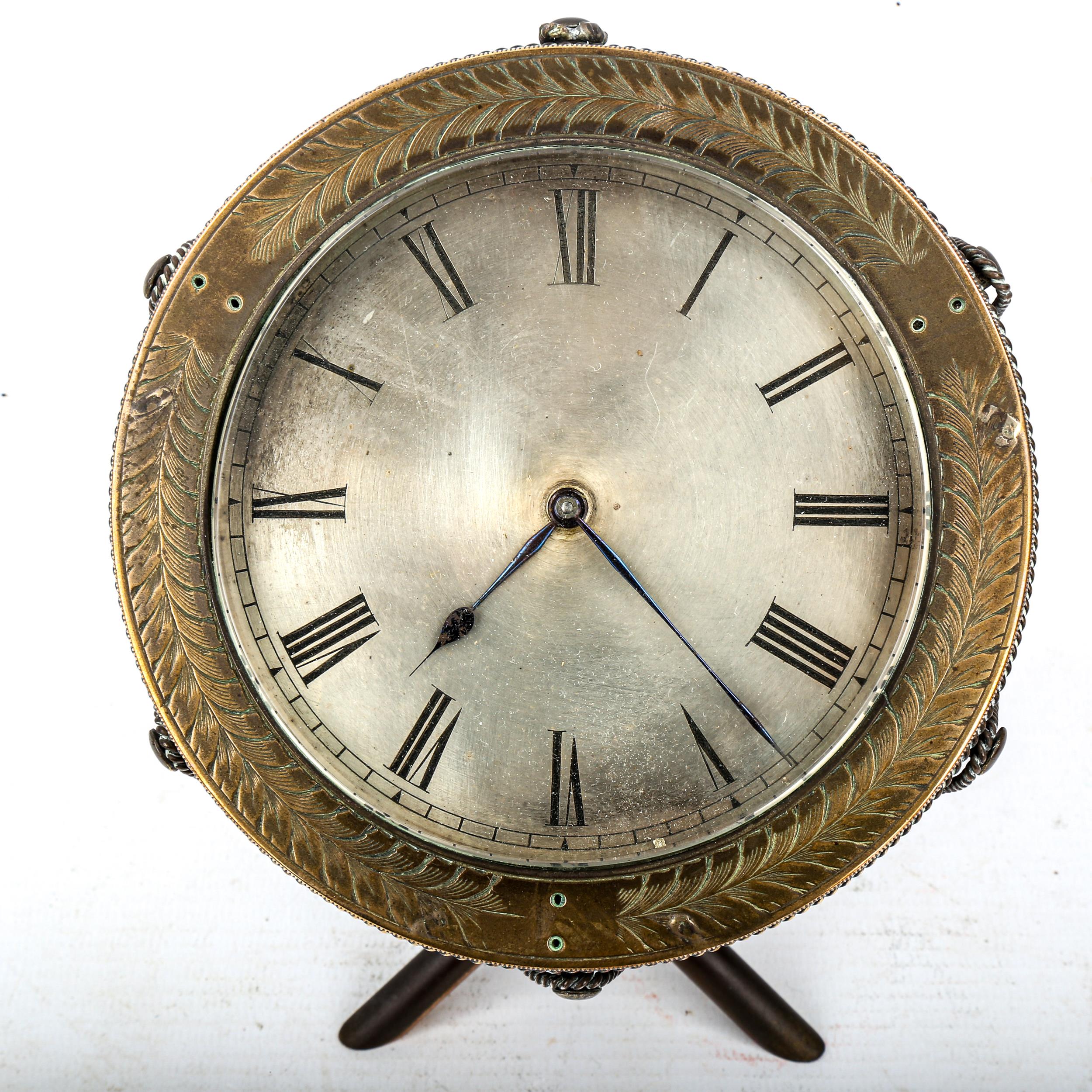 A Victorian bronze novelty timpani drum clock, with tripod stick stand, silvered dial with Roman - Image 2 of 5