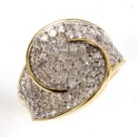 A modern silver-gilt diamond cluster swirl ring, set with single-cut diamonds, total diamond content
