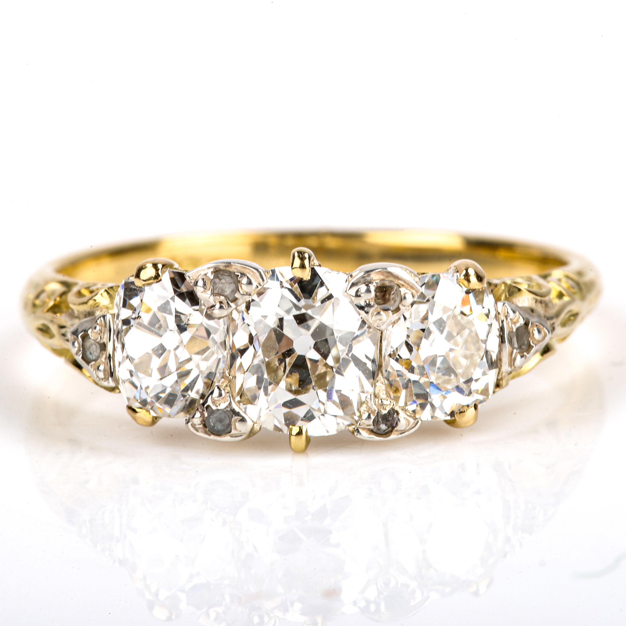 An Antique 18ct gold 3-stone diamond half hoop ring, set with old cushion-cut diamonds, and round- - Image 2 of 4