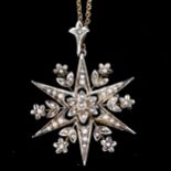 A Victorian 9ct gold split-pearl 6-rayed star pendant necklace, with floral accents and 9ct chain,