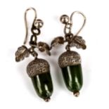 A pair of Georgian jade acorn drop earrings, unmarked silver settings with shepherd hook fittings,