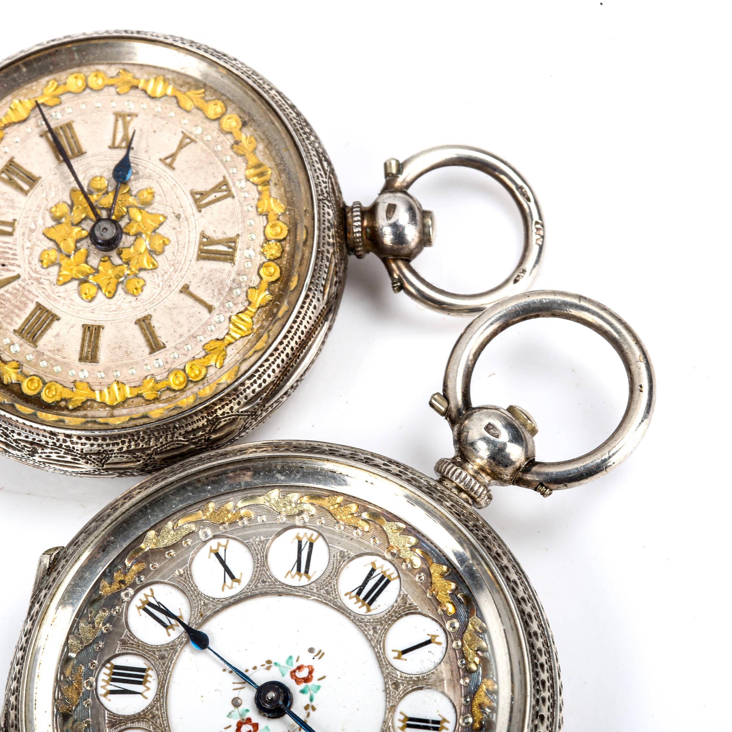 2 Swiss silver-cased open-face keywind fob watches, floral gilded dials with engraved cases, largest - Image 4 of 5